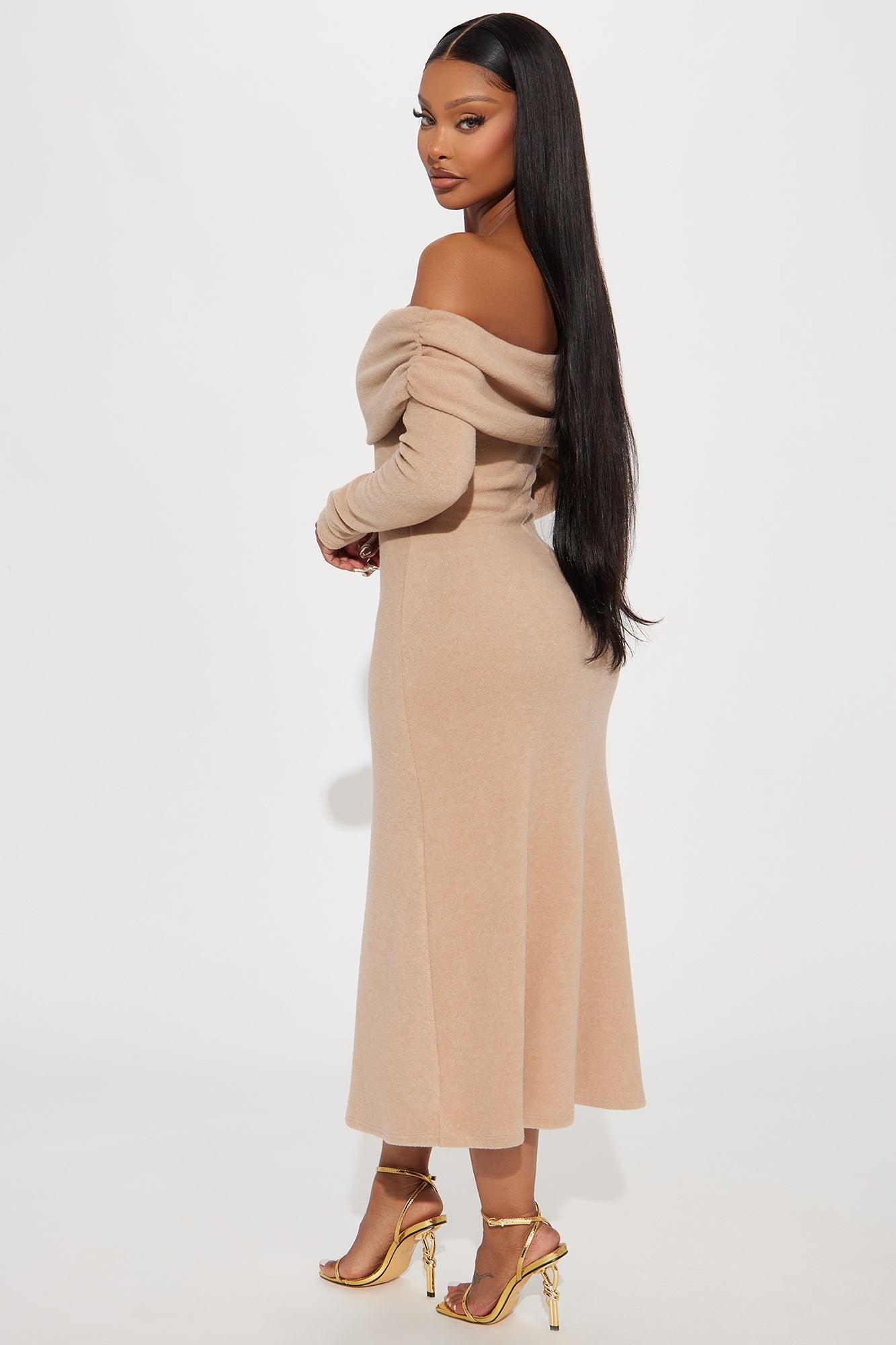 Tell Me More Off Shoulder Midi Dress - Khaki Product Image