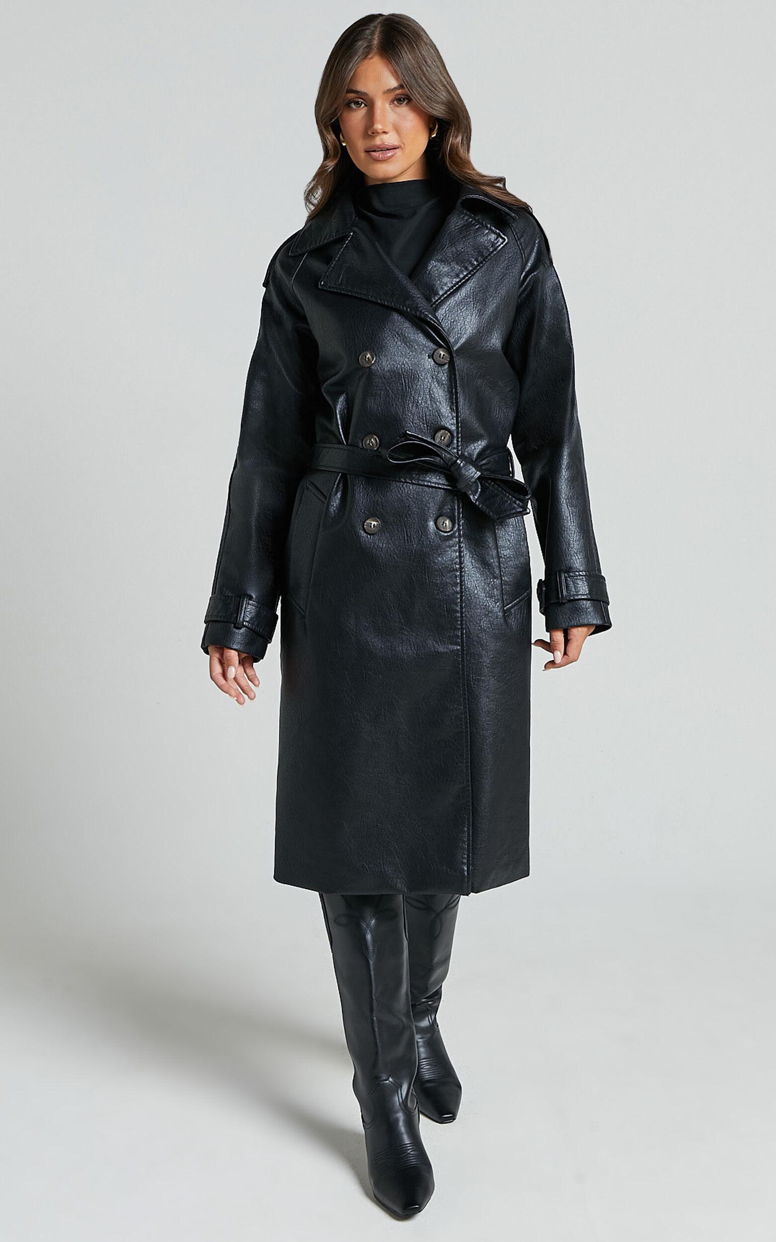 Vicki Trench Coat - Faux Leather Washed Trench Coat in Black Product Image