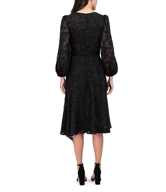 Eliza J Clip Chiffon V-Neck Long Balloon Sleeve Tie Waist Midi Dress Product Image