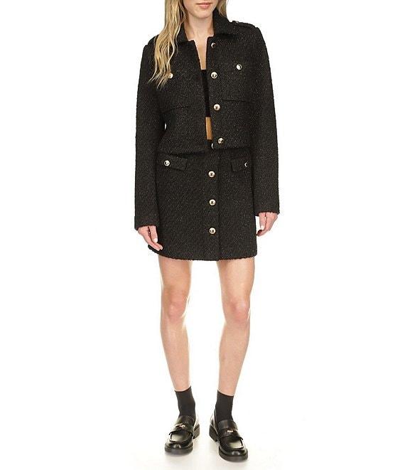 Michael Kors Eyelash Tweed Notch Collar Long Sleeve Gold Button Cropped Coordinating Jacket Product Image