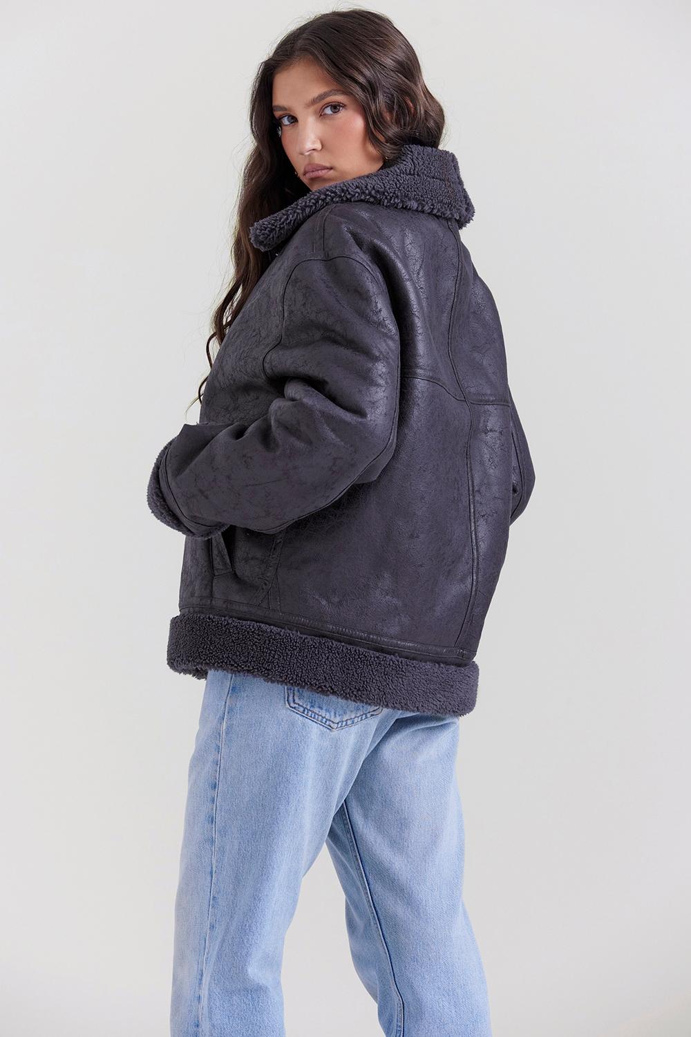 Madden  grey vegan shearling aviator jacket - sale Product Image