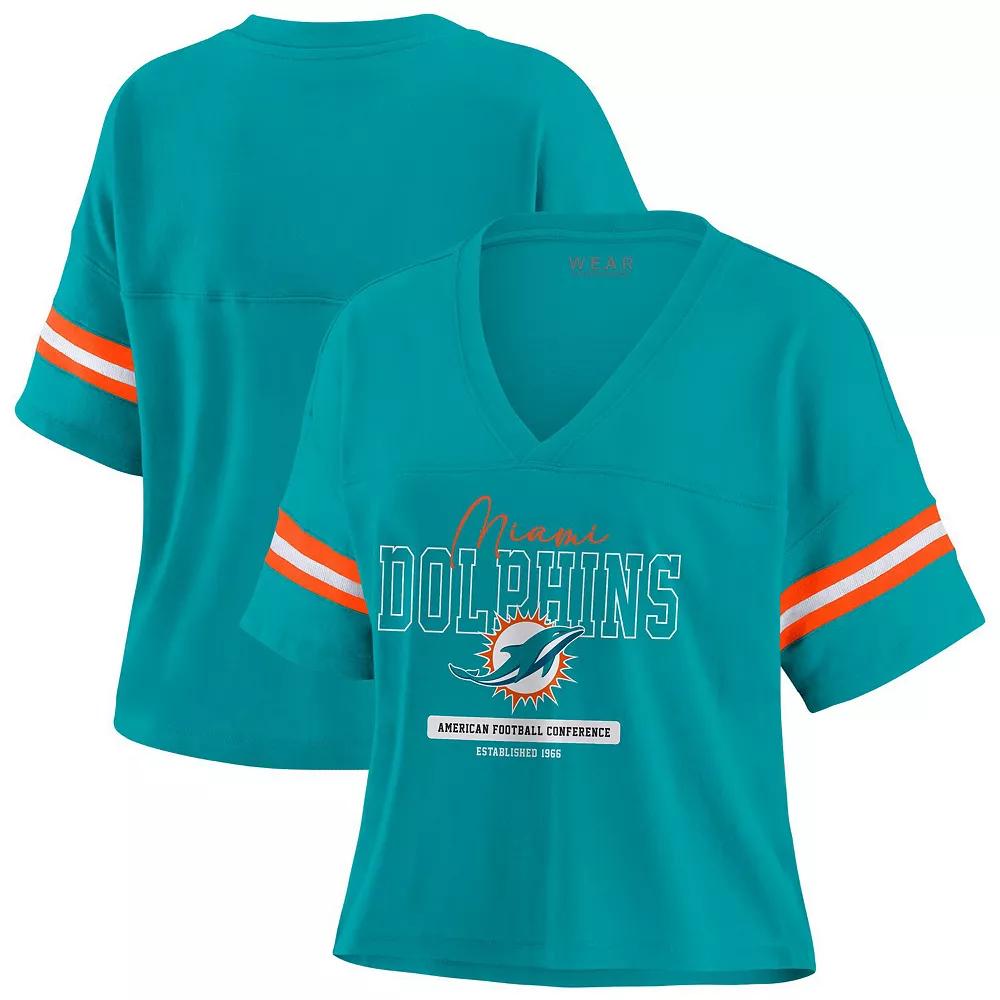 Women's WEAR by Erin Andrews Aqua Miami Dolphins Color Block Boxy Modest Crop V-Neck T-Shirt,  Product Image