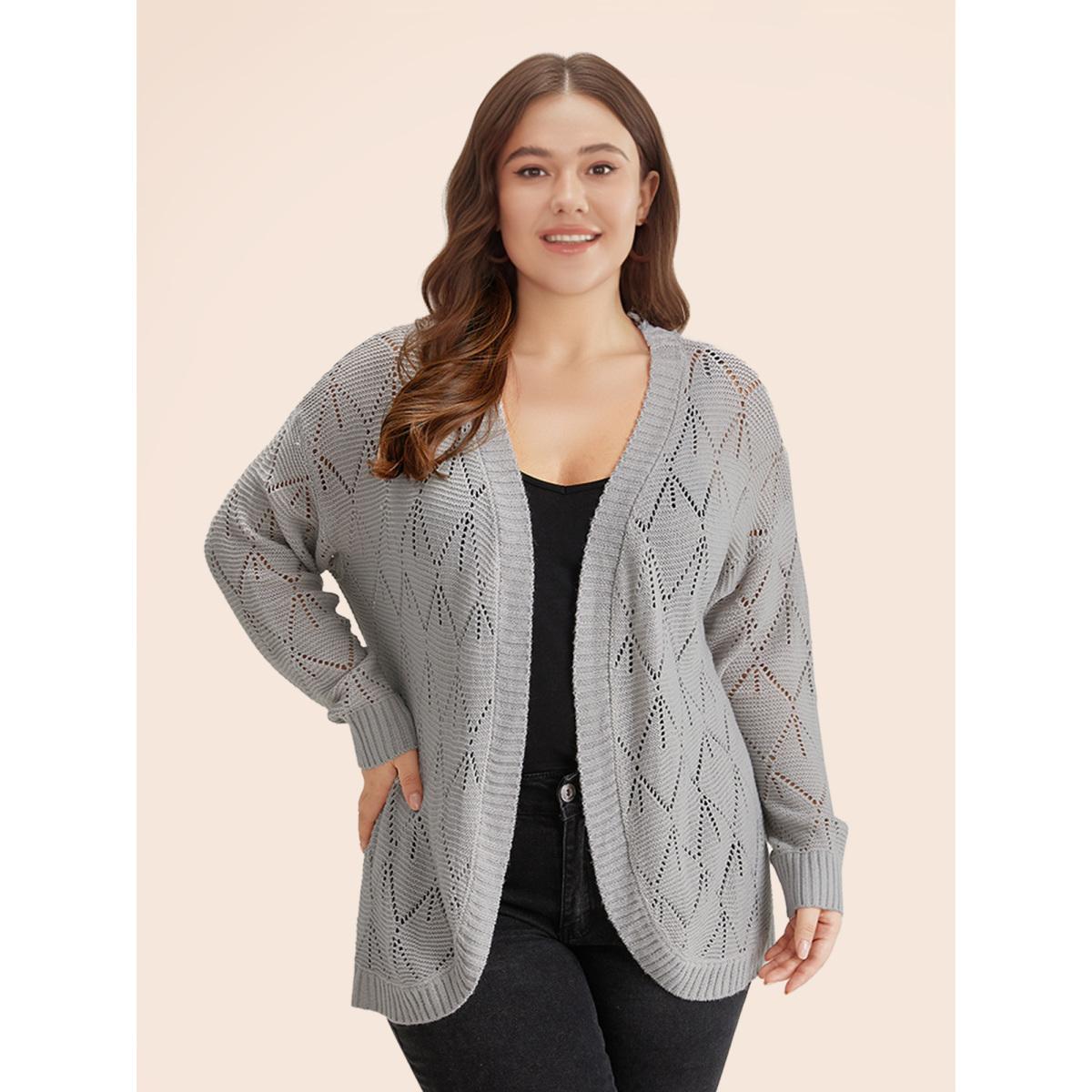 Plus Size Geometric Hollow Out Open Front Cardigan LightGray Women Leisure Loose Long Sleeve Casual Cardigans BloomChic 28/5X Product Image