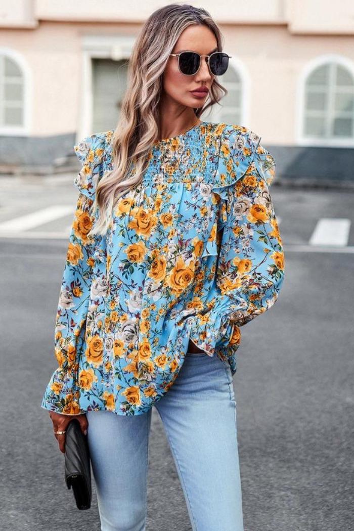 Bright Floral Print Smocked Ruffle Trim Blouse Product Image