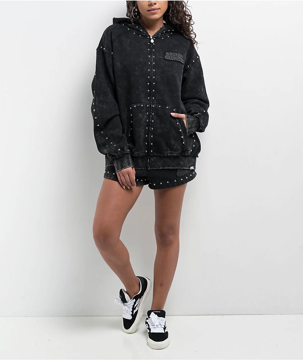 Broken Promises Adorned Black Wash Zip Hoodie Product Image