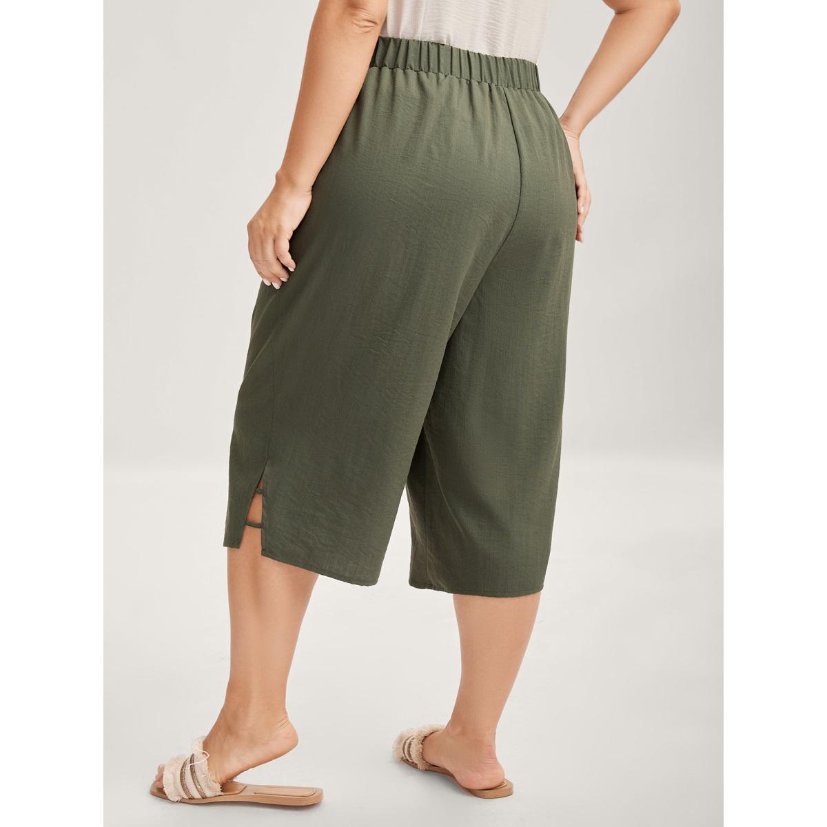 Plus Size Stretchy Waist Straight-Leg Capri Pants Women ArmyGreen Boho Straight Leg Mid Rise Vacation Pants BloomChic 12/L Product Image