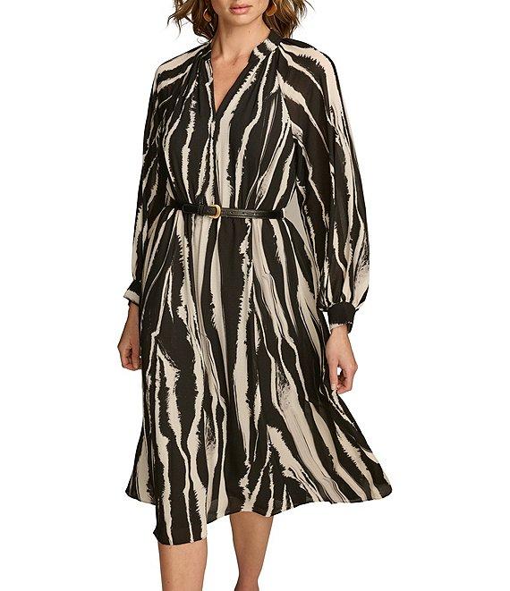 Donna Karan Printed Chiffon V-Neck Blouson Sleeve Belted A-Line Midi Dress Product Image