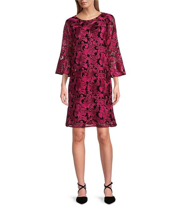 Caroline Rose Bella Soiree Embroidered Mesh Lace 3/4 Bell Sleeve Shift Dress Product Image