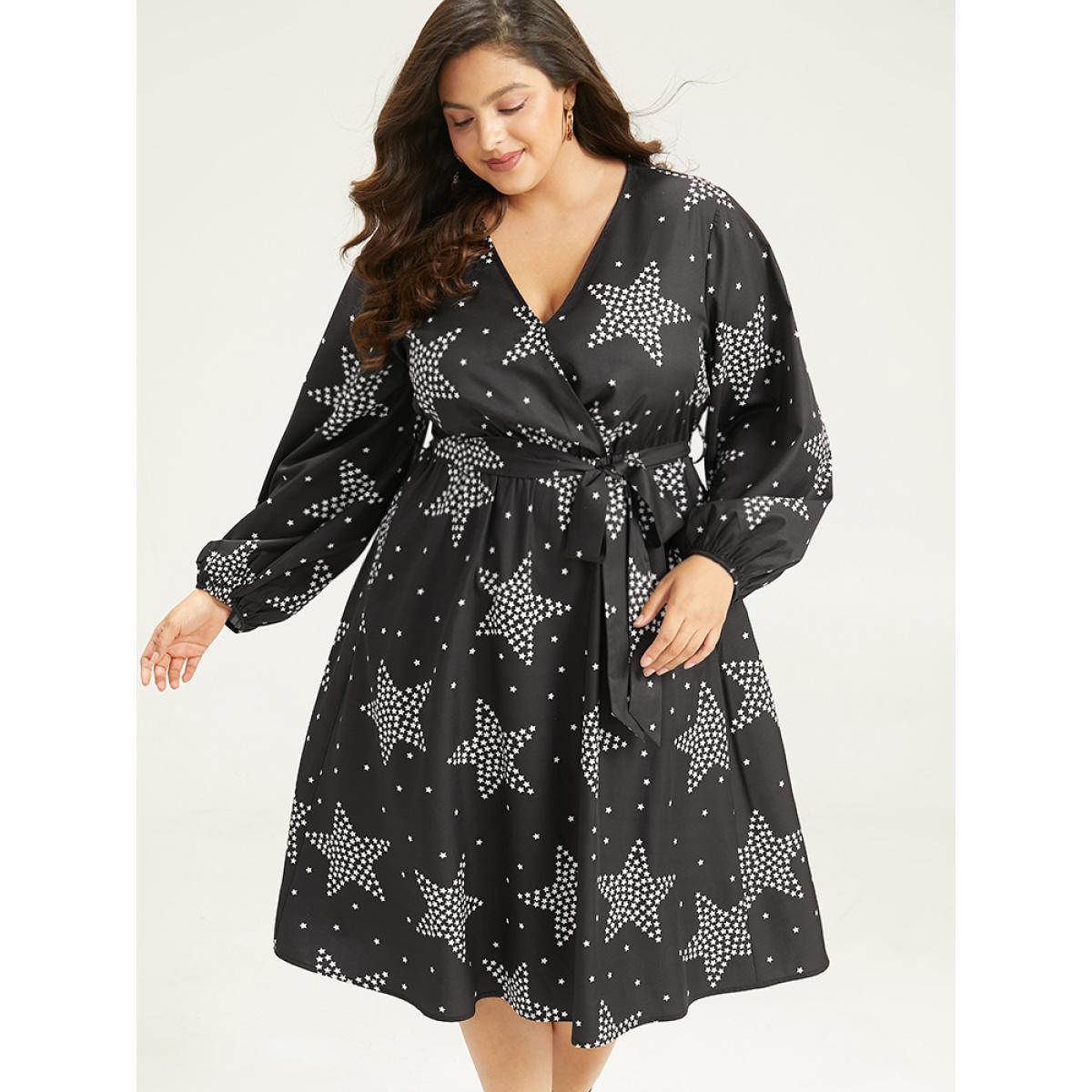 Plus Size Star Print Wrap Belted Lantern Sleeve Dress Black Women Casual Elastic cuffs V-neck Long Sleeve Curvy Midi Dress BloomChic 30/6X Product Image