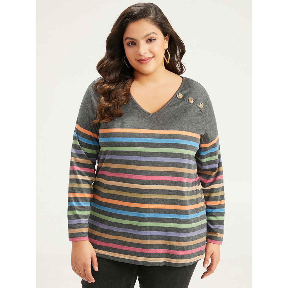 Plus Size Striped V Neck Button Detail Raglan Sleeve T-shirt Gray Women Casual Button Striped V-neck Dailywear T-shirts BloomChic 22-24/3X Product Image