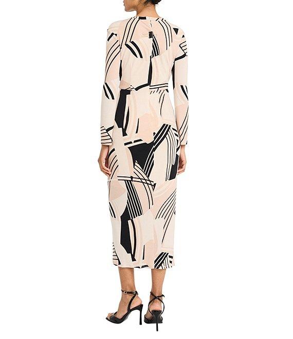 Maggy London Printed Matte Jersey Crew Neck Long Sleeve Ruffle Front Sheath Midi Dress Product Image
