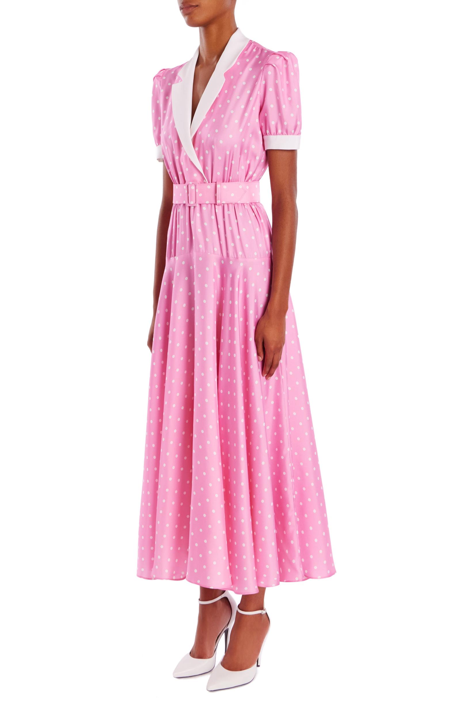 Polka Dot Silk Silk Twill Collared Dress With Belt Product Image