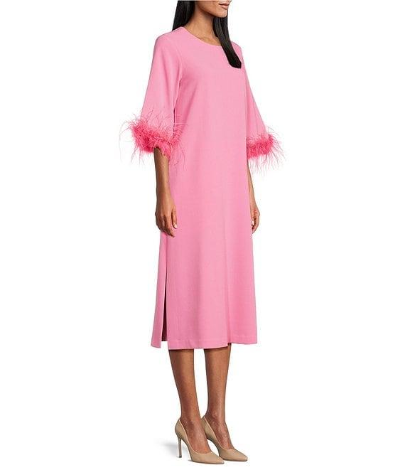 Preston & York Emmeline Round Neckline Long Feather Sleeve Stretch Crepe Midi Dress Product Image