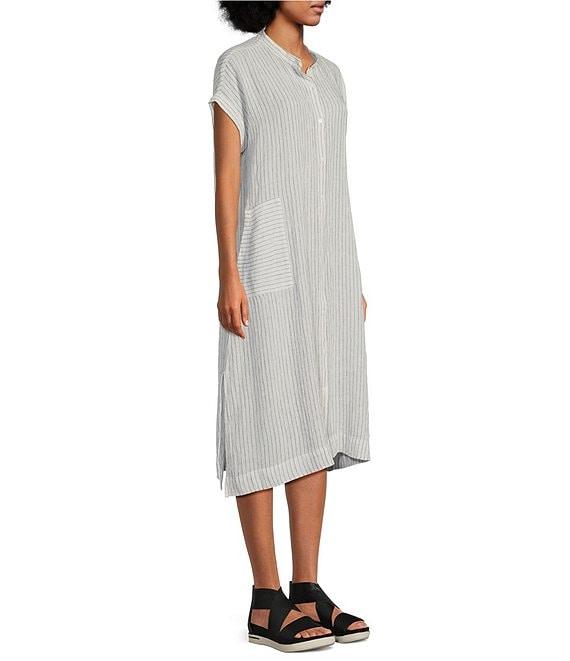 Eileen Fisher Puckered Organic Linen Stripe Mandarin Collar Short Sleeve Midi Dress Product Image