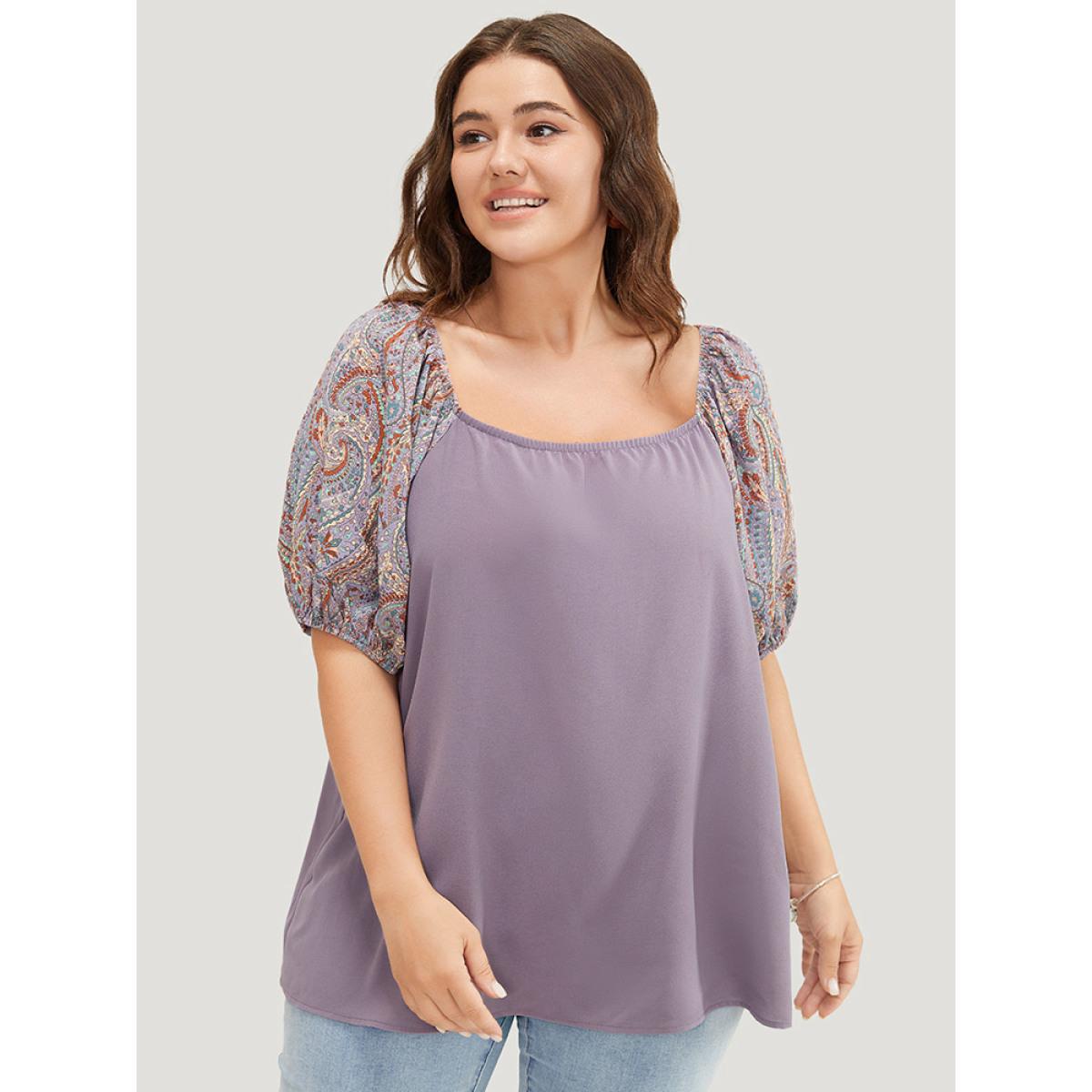 Plus Size Mauve Paisley Print Puff Sleeve Blouse Women Elegant Short sleeve Round Neck Dailywear Blouses BloomChic 30/6X Product Image