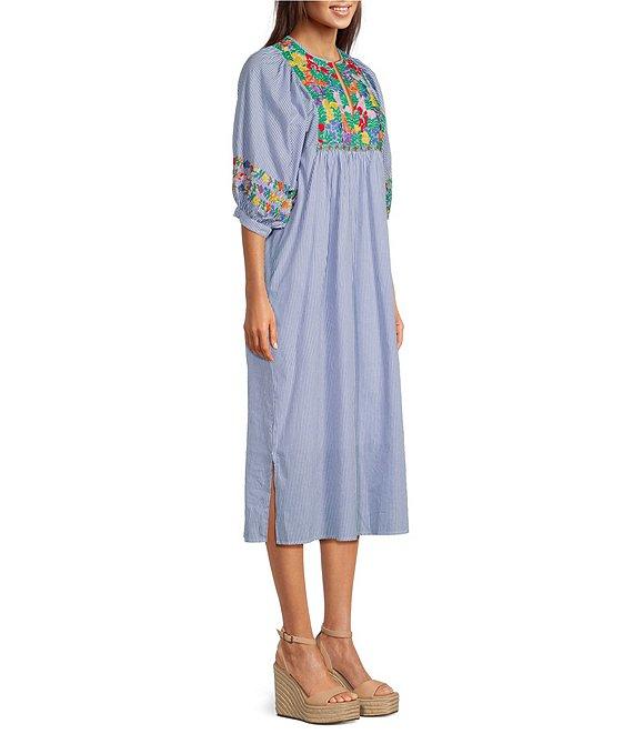 J.Marie Tristen Embroidered Side Slit Striped Pullover Midi Dress Product Image