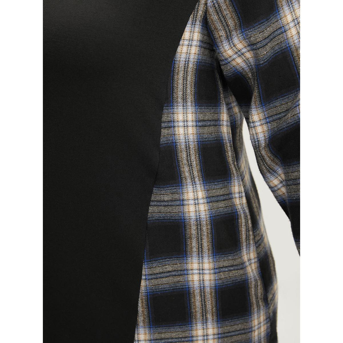 Plus Size Tartan Patchwork Button Detail Round Neck Sweatshirt Women Black Casual Contrast Round Neck Dailywear Sweatshirts BloomChic 30/6X Product Image