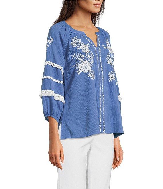 Ali Miles Woven Floral Embroidered Y-Neck 3/4 Sleeves Lace Trim Tunic Product Image