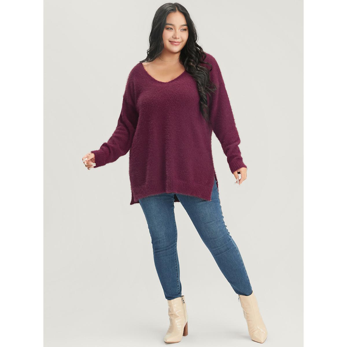 Plus Size Solid Super Soft Plush Knit Split Hem Heather Knit Top Eggplant Women Elegant Loose Long Sleeve Deep V-neck Dailywear Pullovers BloomChic 12/L Product Image