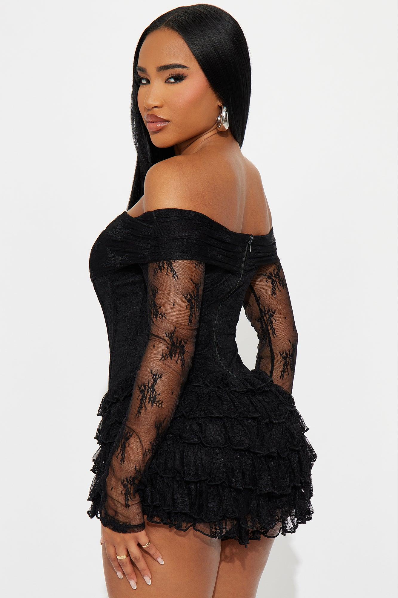 Sweet Rush Lace Ruffle Romper - Black Female Product Image