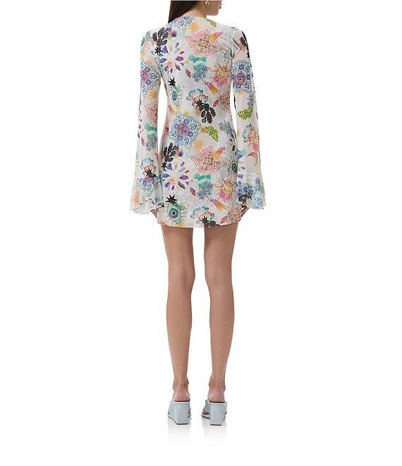 AFRM Kori Printed Mesh Crew Neck Front Keyhole Long Bell Sleeve Mini Dress Product Image