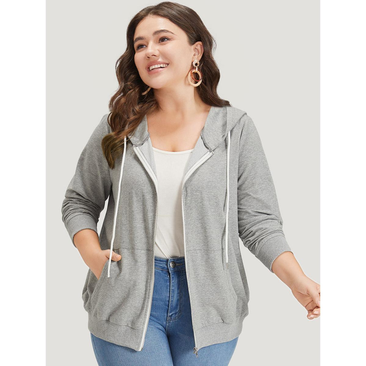 Plus Size Hooded Zipper Fly Ties Pocket Sweatshirt Women Gray Casual Elastic cuffs Hooded Dailywear Sweatshirts BloomChic 26/4X Product Image