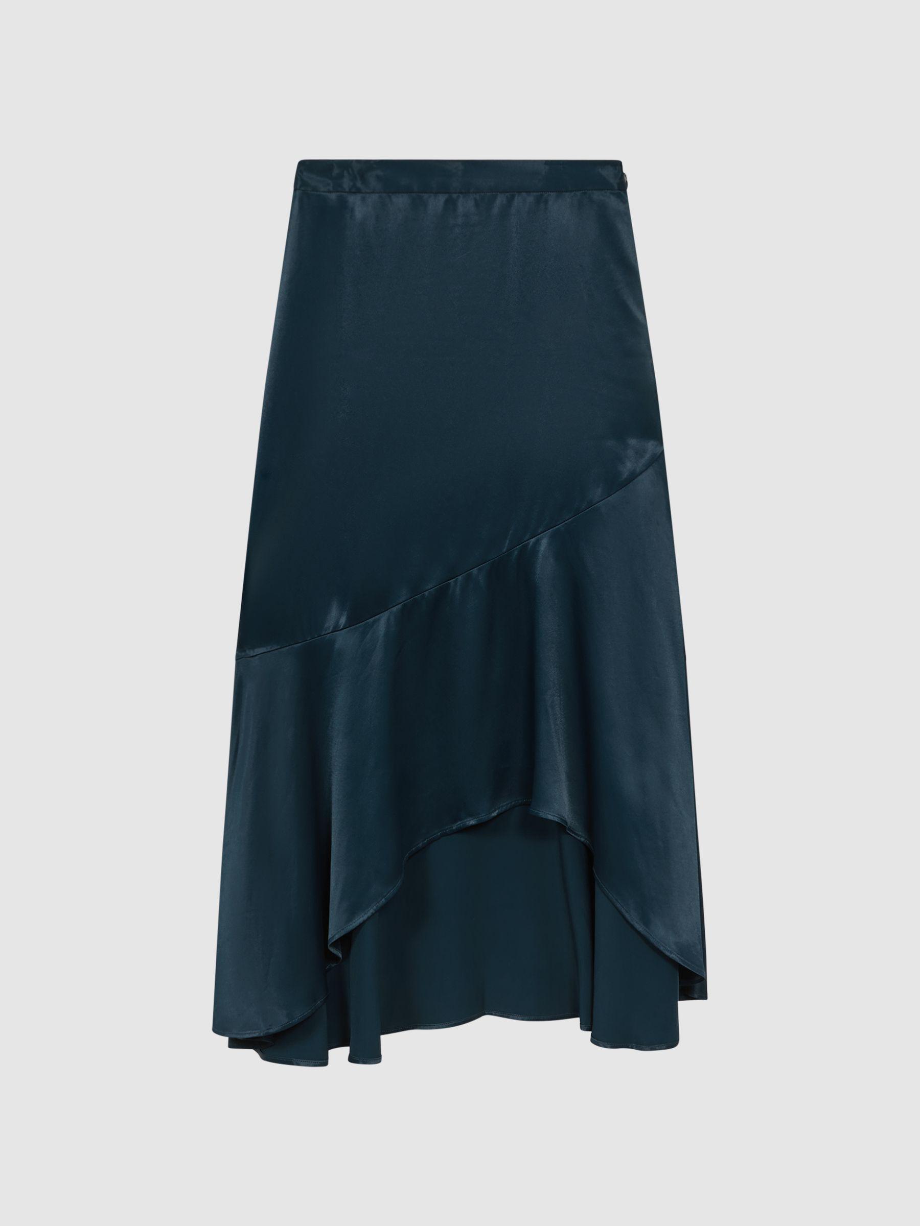 Satin High Rise Midi Skirt in Teal Product Image