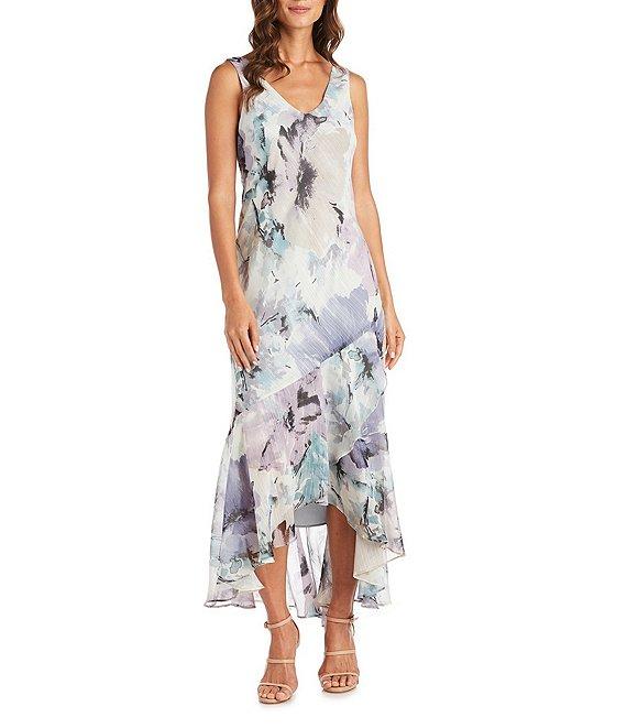 R & M Richards Watercolor Floral Printed Chiffon V-Neck Tiered Ruffle High-Low Hem 3/4 Sleeve 2-Piece Jacket Dress Product Image