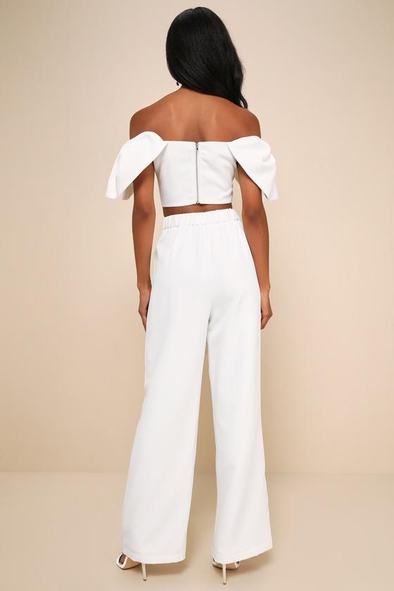 Captivating Entrance White Off-the-Shoulder Two-Piece Jumpsuit Product Image