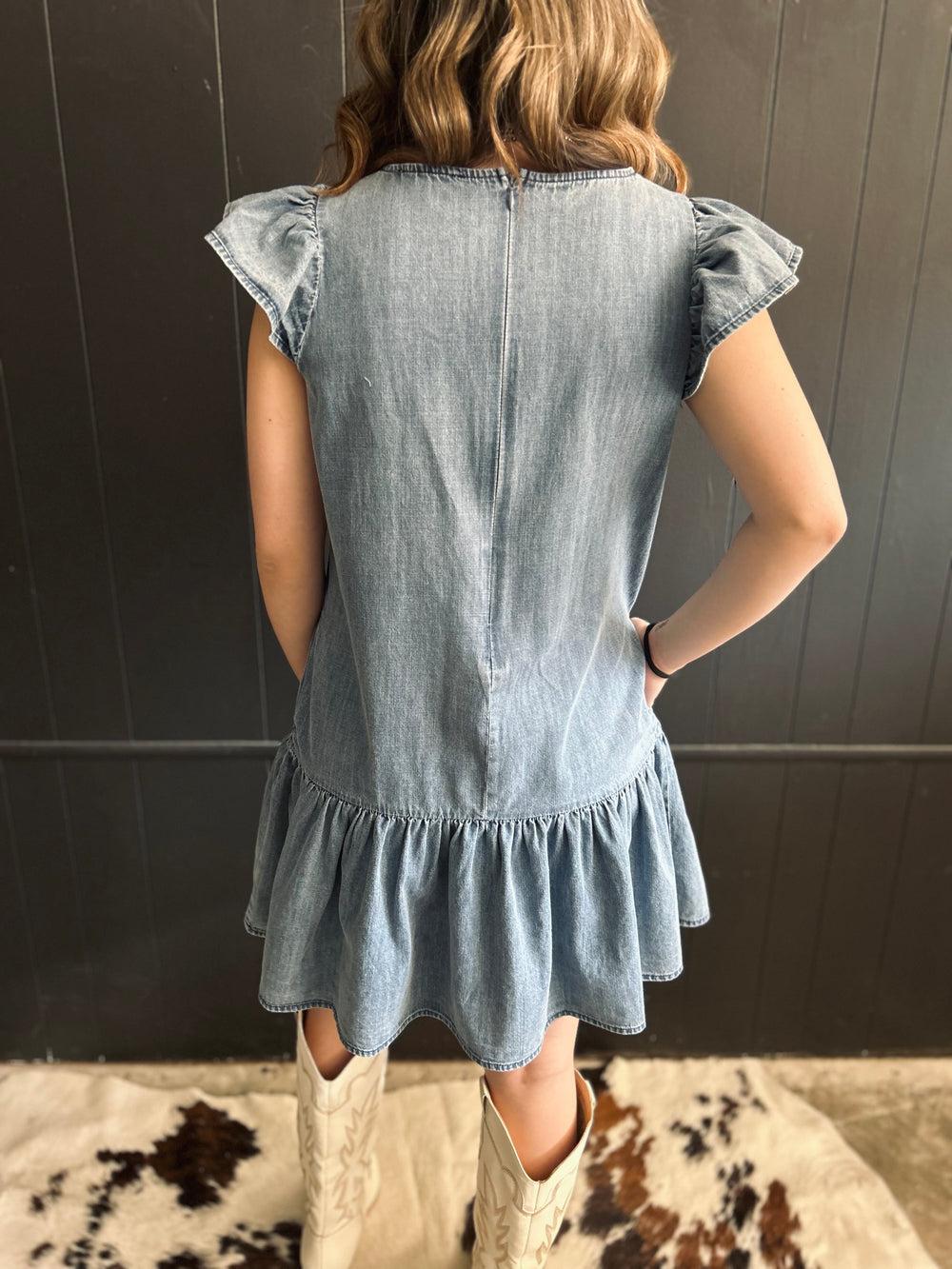 Ruffled Sleeve Washed Denim Mini Dress w/ Bow Detail Product Image