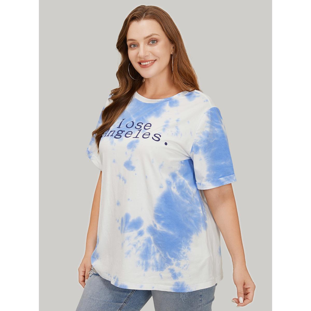 Plus Size Letter Print Short Sleeve Tie Dye T-shirt White Women Casual Art&design Dailywear T-shirts BloomChic 30/6X Product Image