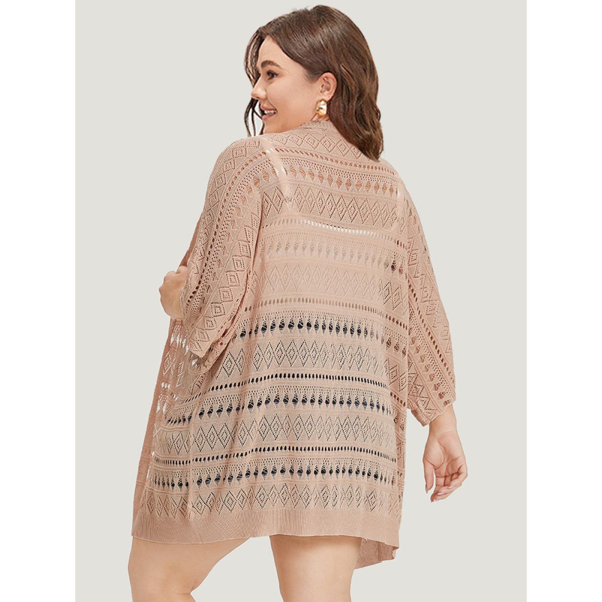 Plus Size Plain Geometric Eyelet Batwing Sleeve Open Front Cardigan Apricot Women Casual Short sleeve Everyday Cardigans BloomChic 28/5X Product Image