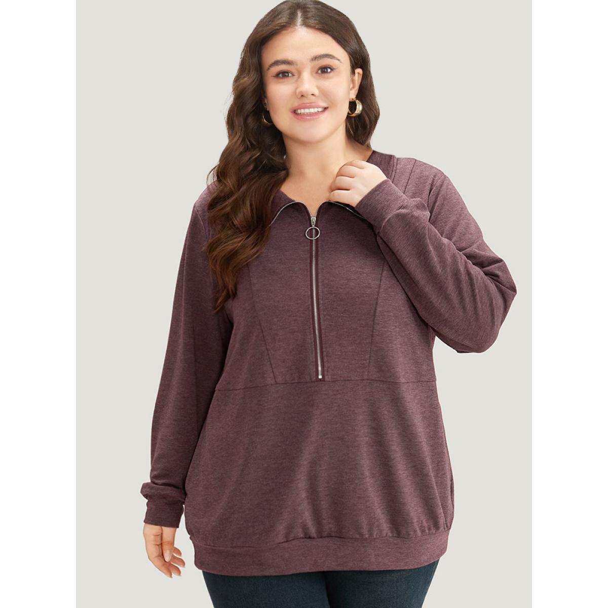 Plus Size Plain O Ring Half Zip Sweatshirt Women Eggplant Casual Plain Lapel Collar Dailywear Sweatshirts BloomChic 10/M Product Image