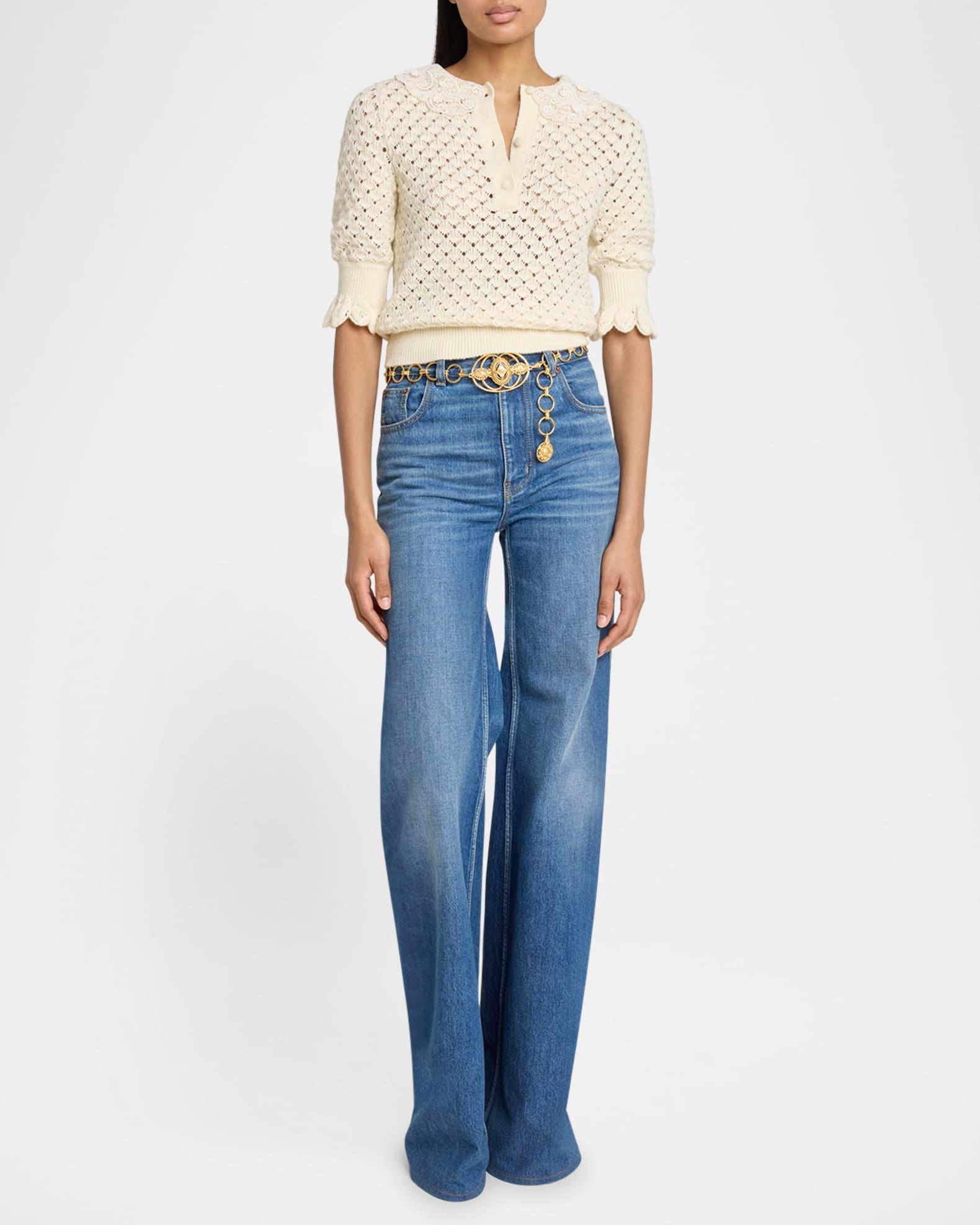 Lace-Collar Open Knit Polo Top Product Image