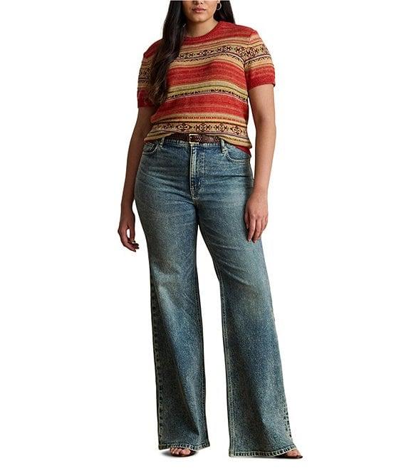 Lauren Ralph Lauren Plus Size Geometric Stripe Ribbed Crew Neck Short Sleeve Pullover Sweater Product Image