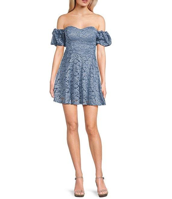 Honey and Rosie Glitter Stretch Lace Off-The-Shoulder Puff Sleeve Dress Product Image