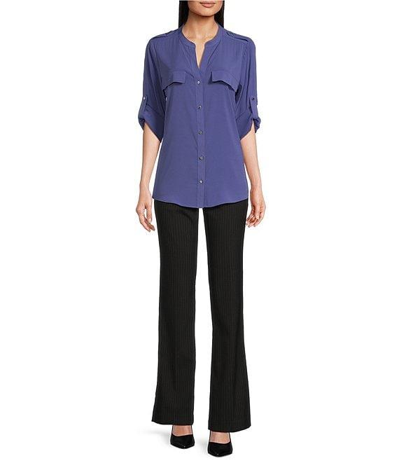 Calvin Klein Crepe De Chine Crew Neck Roll-Up Sleeve Button Front Blouse Product Image