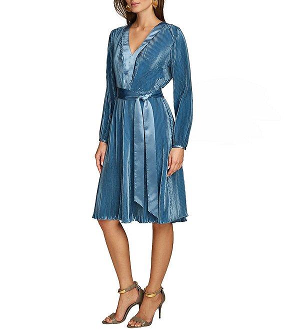 Donna Karan Satin V-Neck Long Sleeve Tie Sash Sheath Dress Product Image
