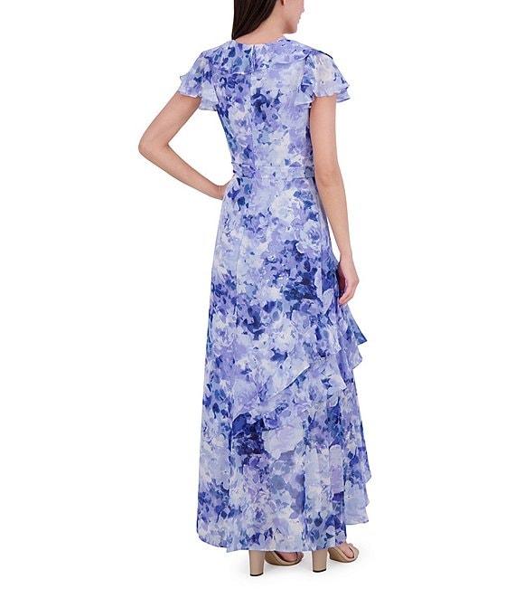 Eliza J Chiffon Floral Print V Neck Short Sleeve Ruffle Waist Tie A-Line Maxi Dress Product Image