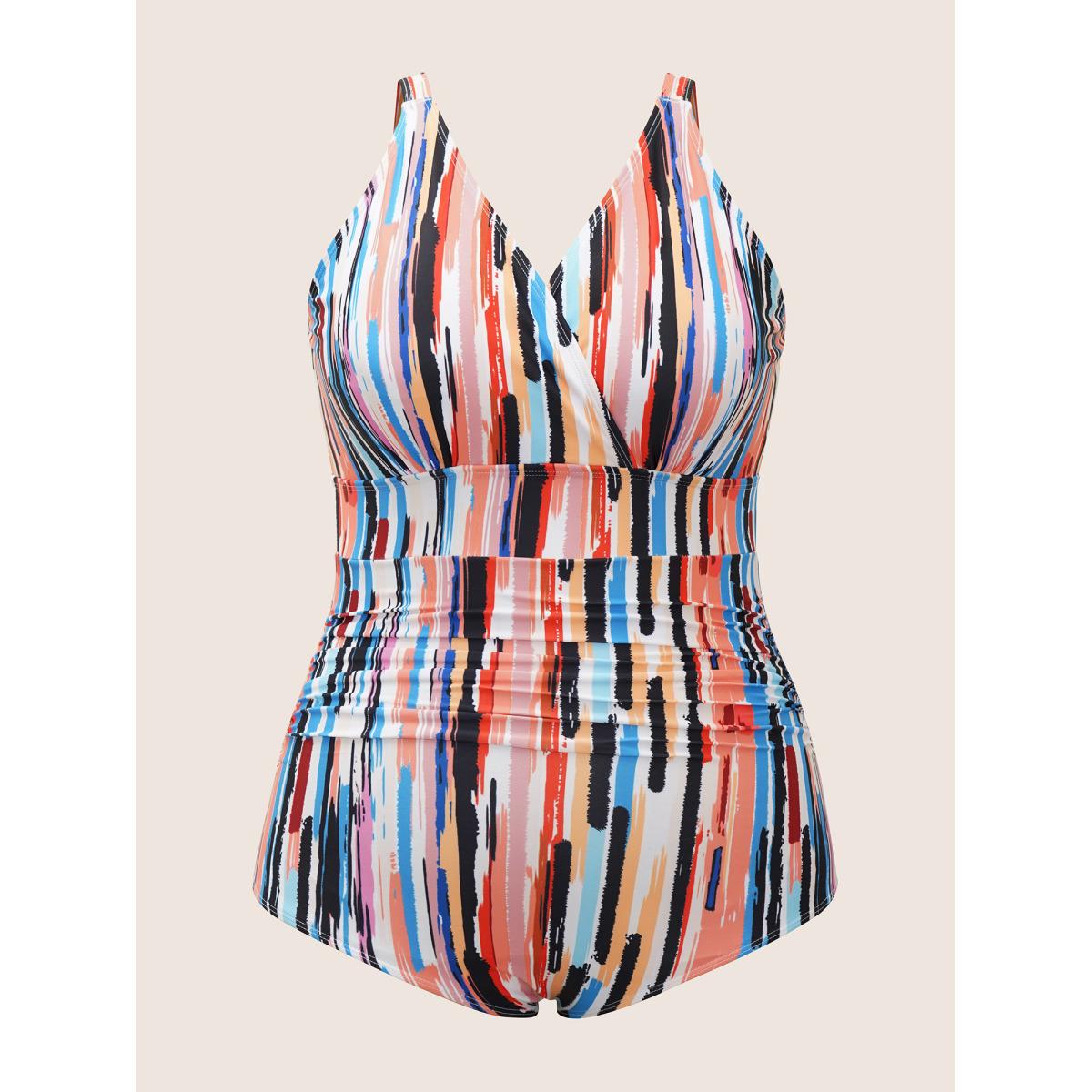 Plus Size Brush Print Wrap Ruched One Piece Swimsuit Women's Swimwear Multicolor Beach Contrast Curve Bathing Suits High stretch One Pieces BloomChic 18-20/2X Product Image