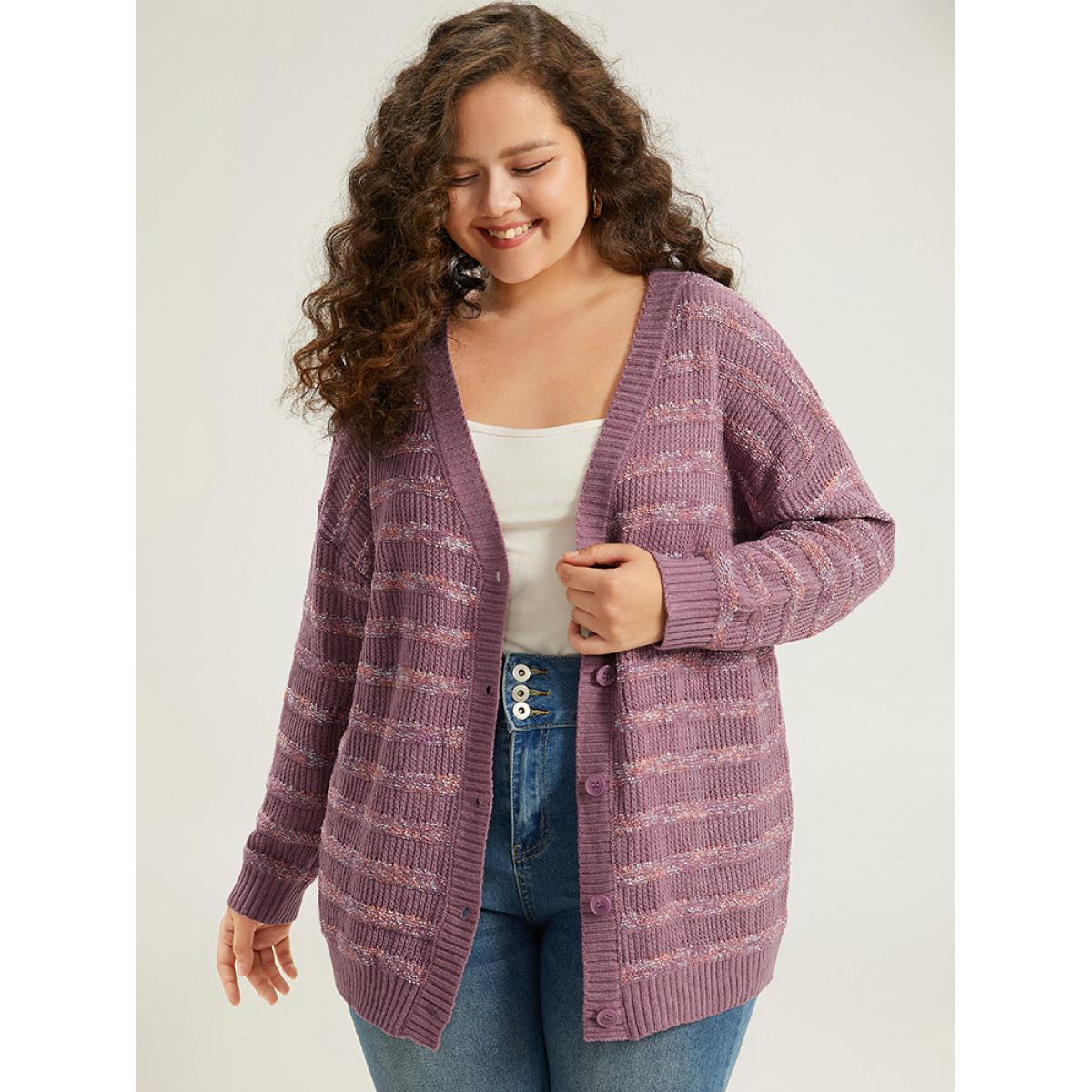 Plus Size Contrast Drop Shoulder Button Through Cardigan Mauve Women Casual Loose Long Sleeve Dailywear Cardigans BloomChic 30/6X Product Image
