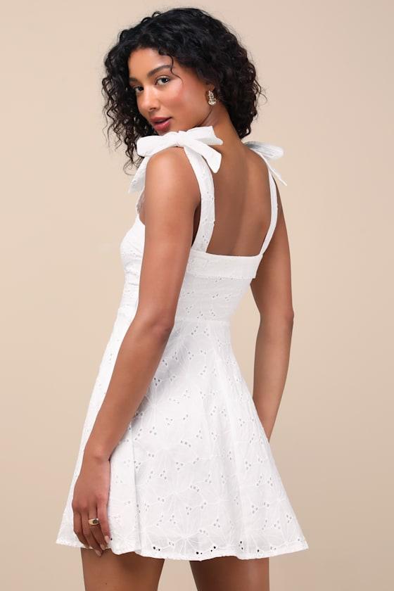 Sneak a Kiss White Floral Embroidered Tie-Strap Mini Dress Product Image