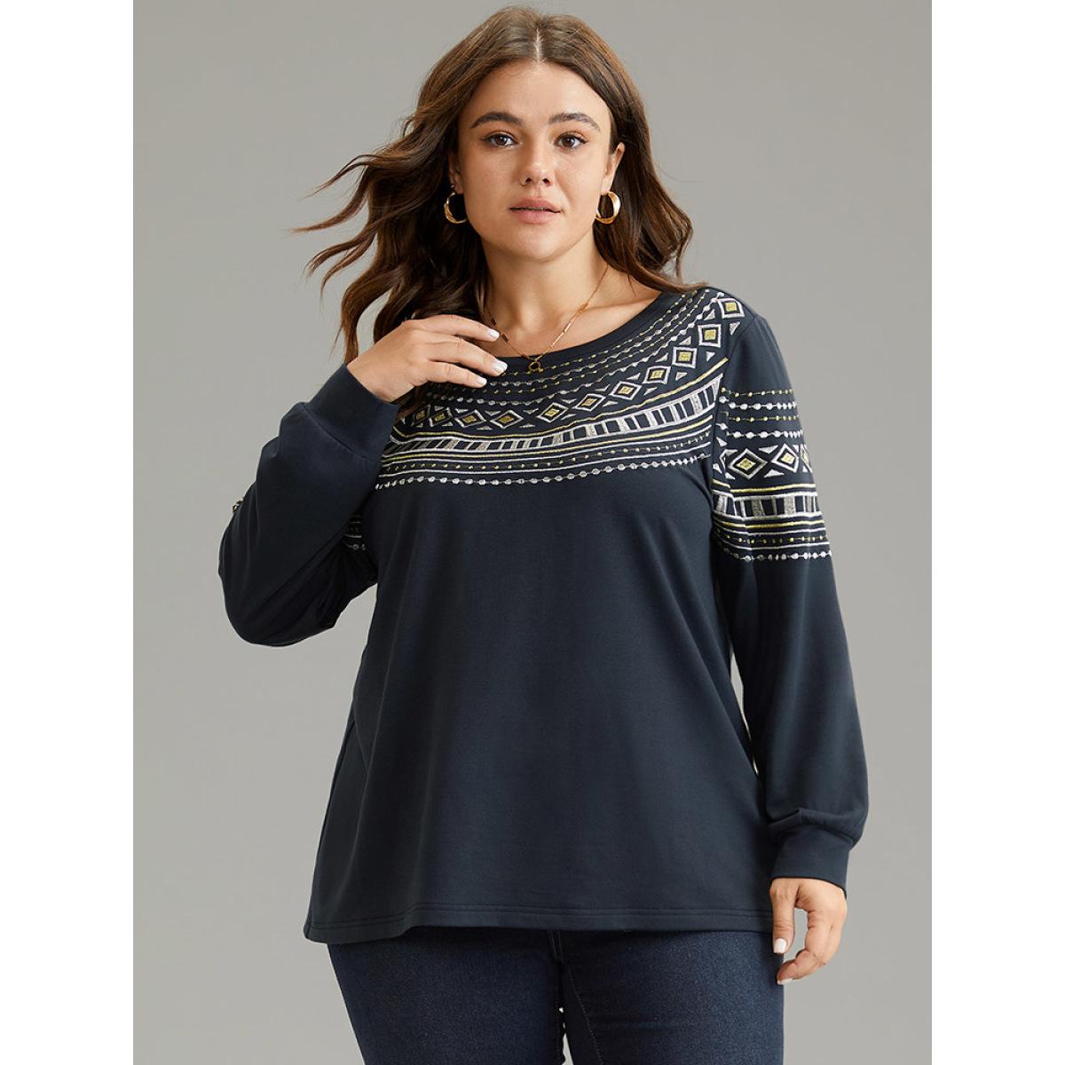 Plus Size Bandana Embroidered Crew Neck Elastic Cuffs Sweatshirt Women DimGray Casual Embroidered Round Neck Dailywear Sweatshirts BloomChic 26/4X Product Image