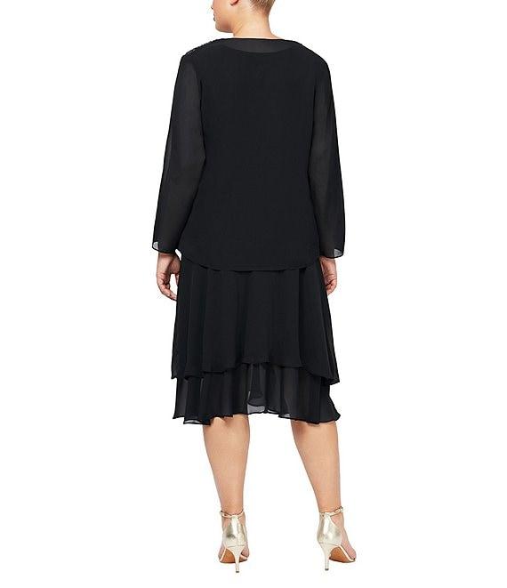 Ignite Evenings Plus Size Scoop Neck Long Sleeve Sequin Shoulder Midi Tiered Hem Jacket Dress Product Image