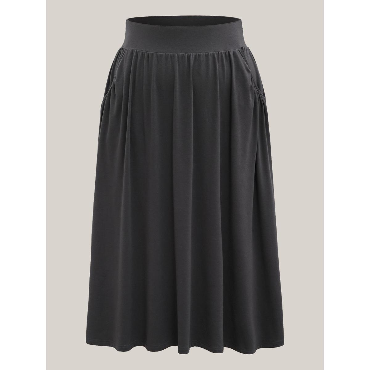 Plus Size Supersoft Wide Waistband Pleated Plain Midi Skirt Women DimGray Elegant Gathered Medium stretch Slanted pocket Everyday Skirts BloomChic 26/4X Product Image