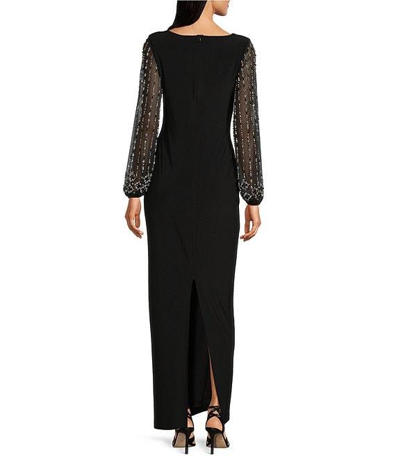 Marina Boat Neck Long Beaded Elastic Cuff Sleeve Matte Jersey Back Slit Sheath Gown Product Image