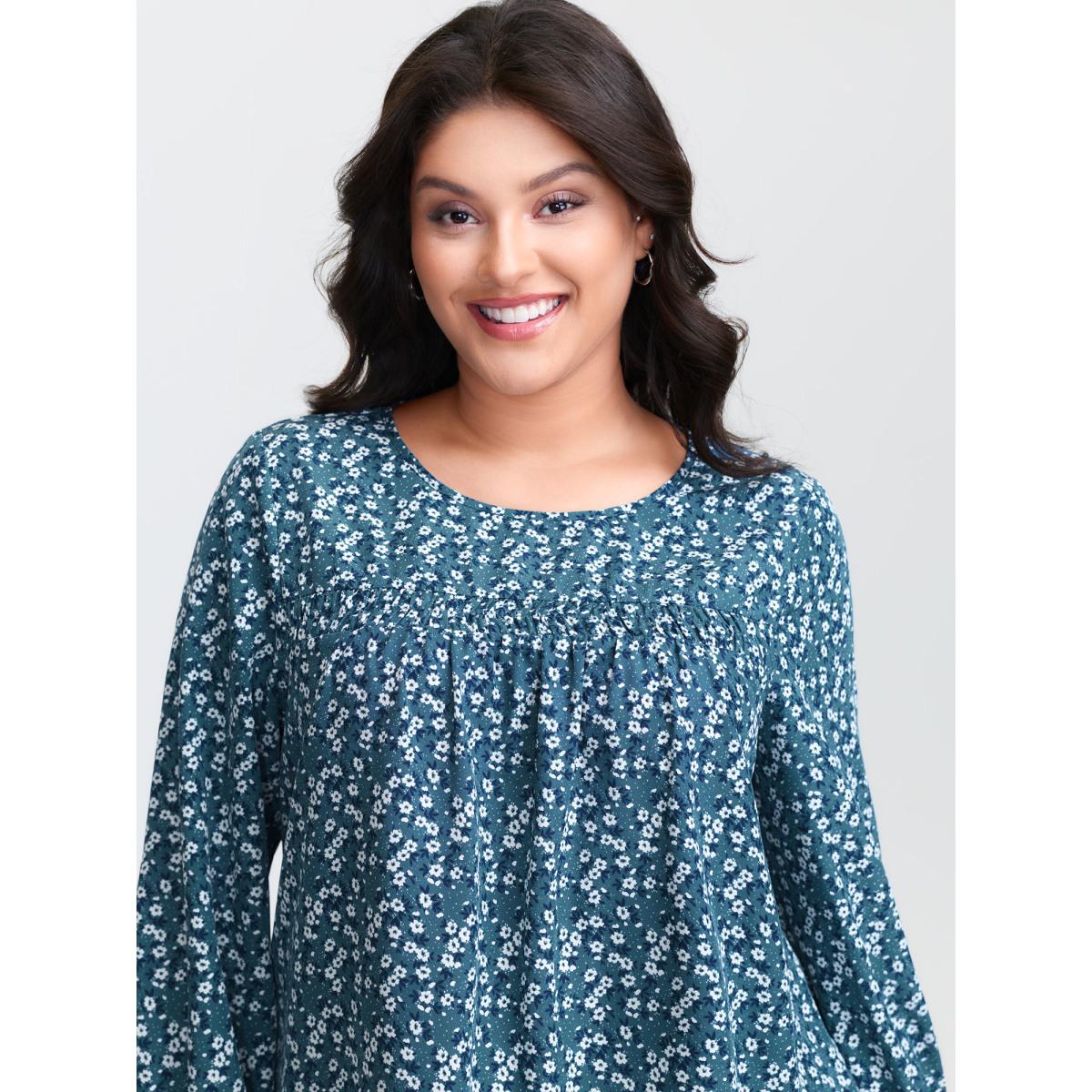 Plus Size Cerulean Floral Print Ruched Round Neck Blouse Women Leisure Long Sleeve Round Neck Casual Blouses BloomChic 30/6X Product Image
