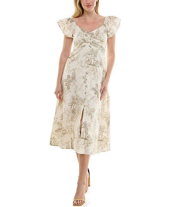 Moda Tara Short Flutter Sleeve Toil Print A-Line Midi Dress Product Image