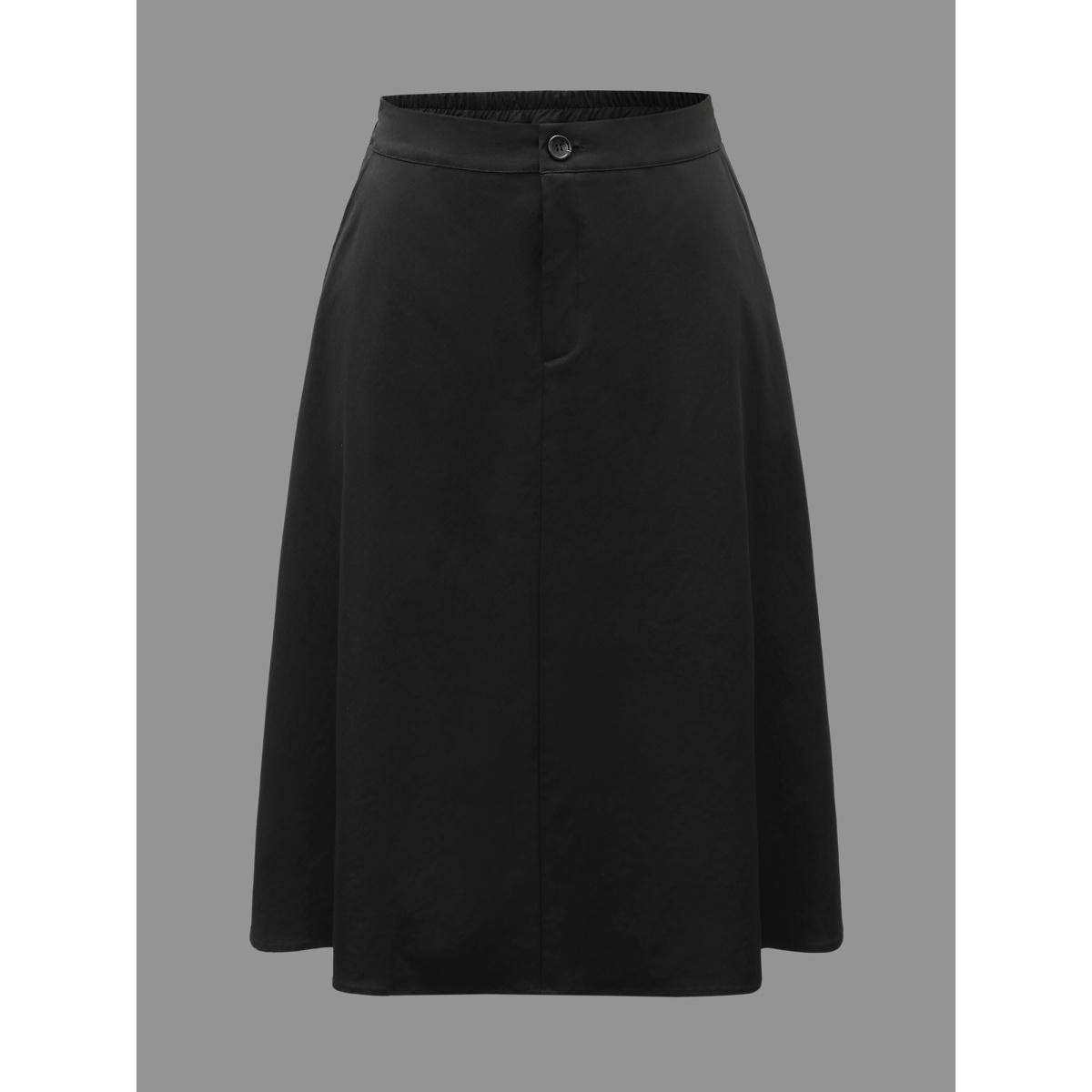 Plus Size Solid Button Up Slightly Stretchy Skirt Women Black At the Office Button Loose Low stretch Slanted pocket Work Skirts BloomChic 22-24/3X Product Image