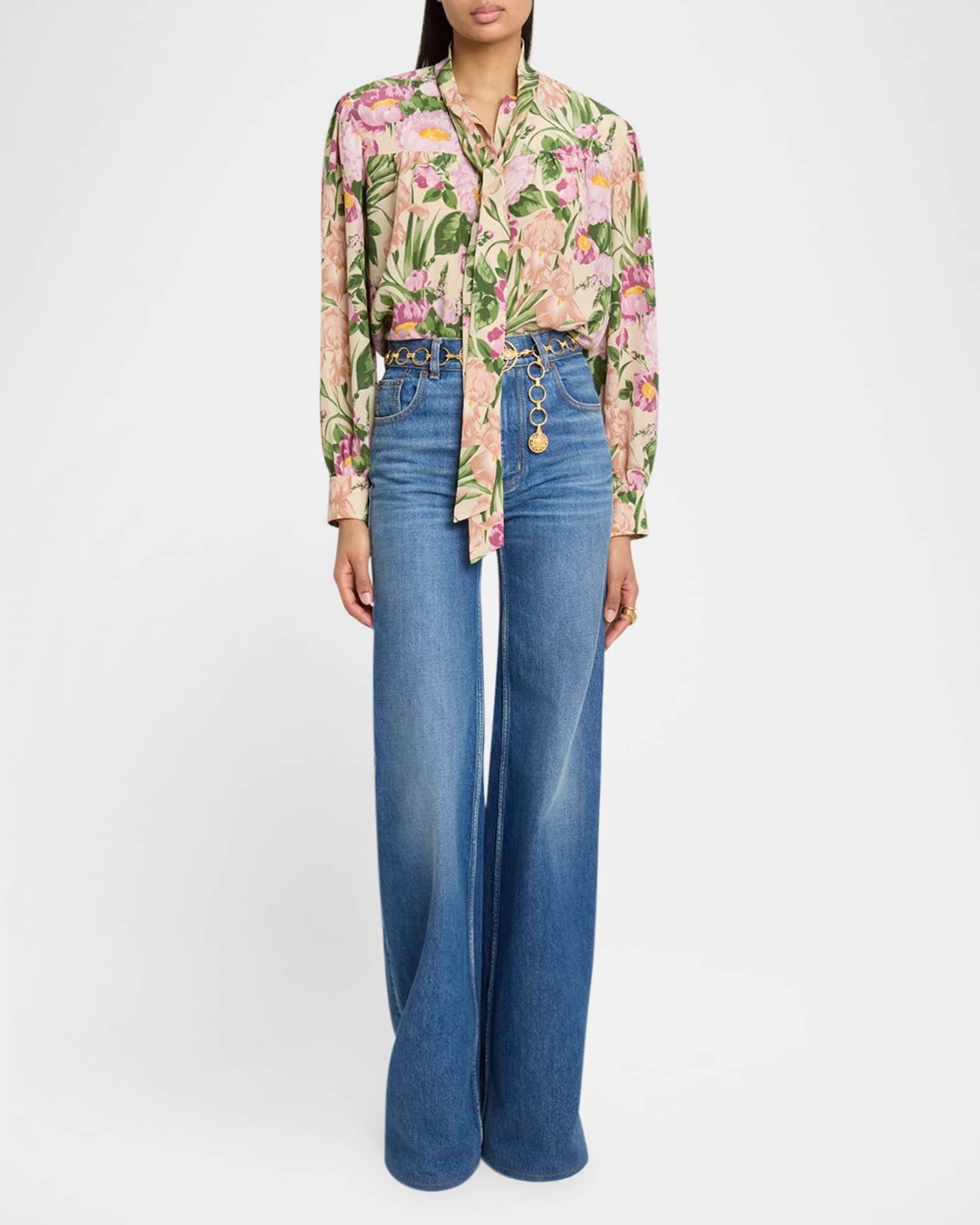 Floral Silk Neck-Tie Button-Down Blouse Product Image